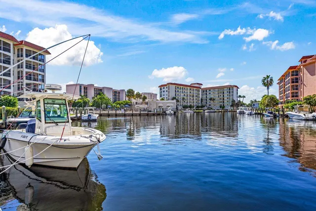 a lake view with boat and palm trees