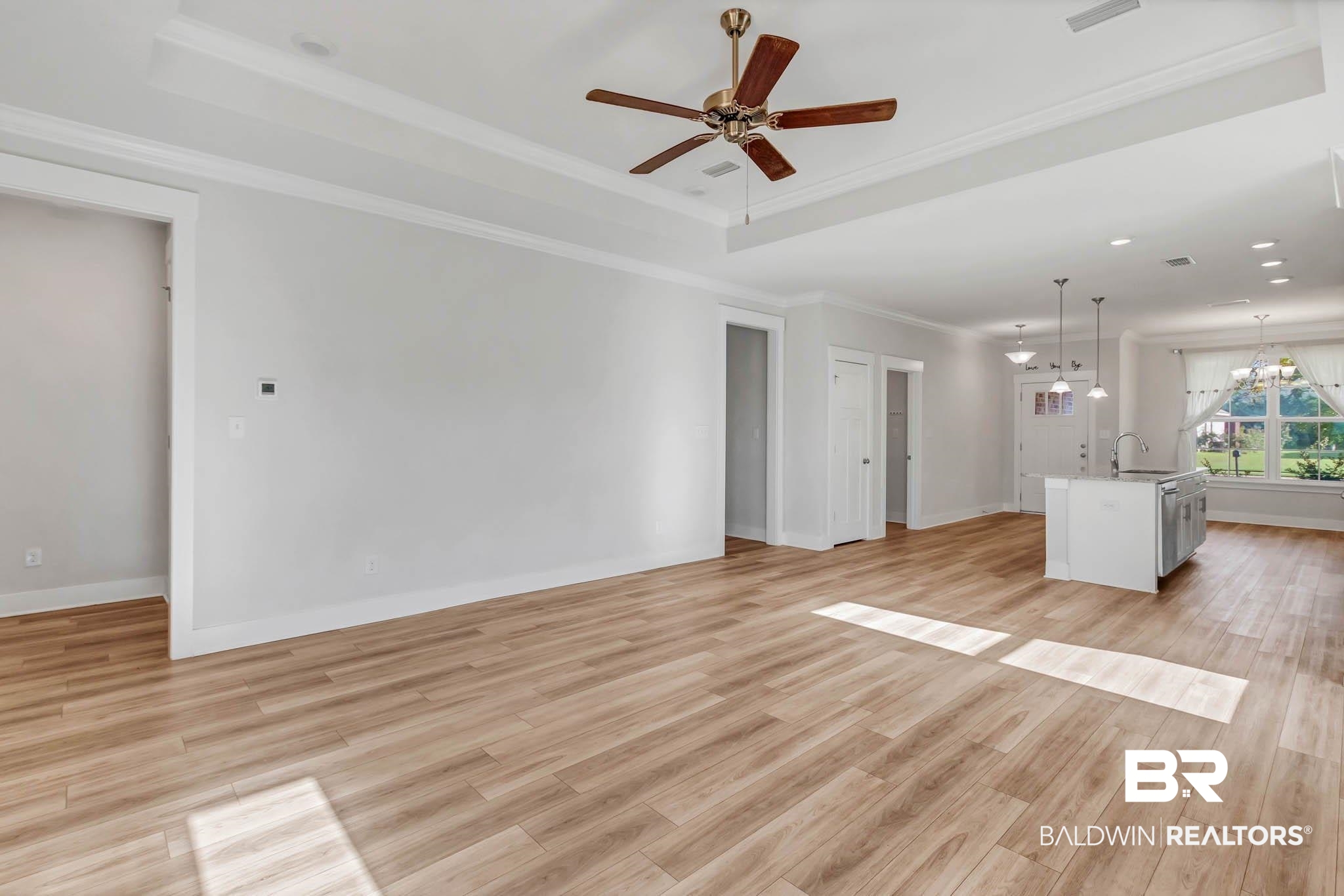 16461 Prado Loop Loxley, AL 36551 - Photo 20 of 78 Unfurnished living room featuring a raised ceiling, a chandelier, ornamental molding, light wood-type flooring, and a ceiling fan