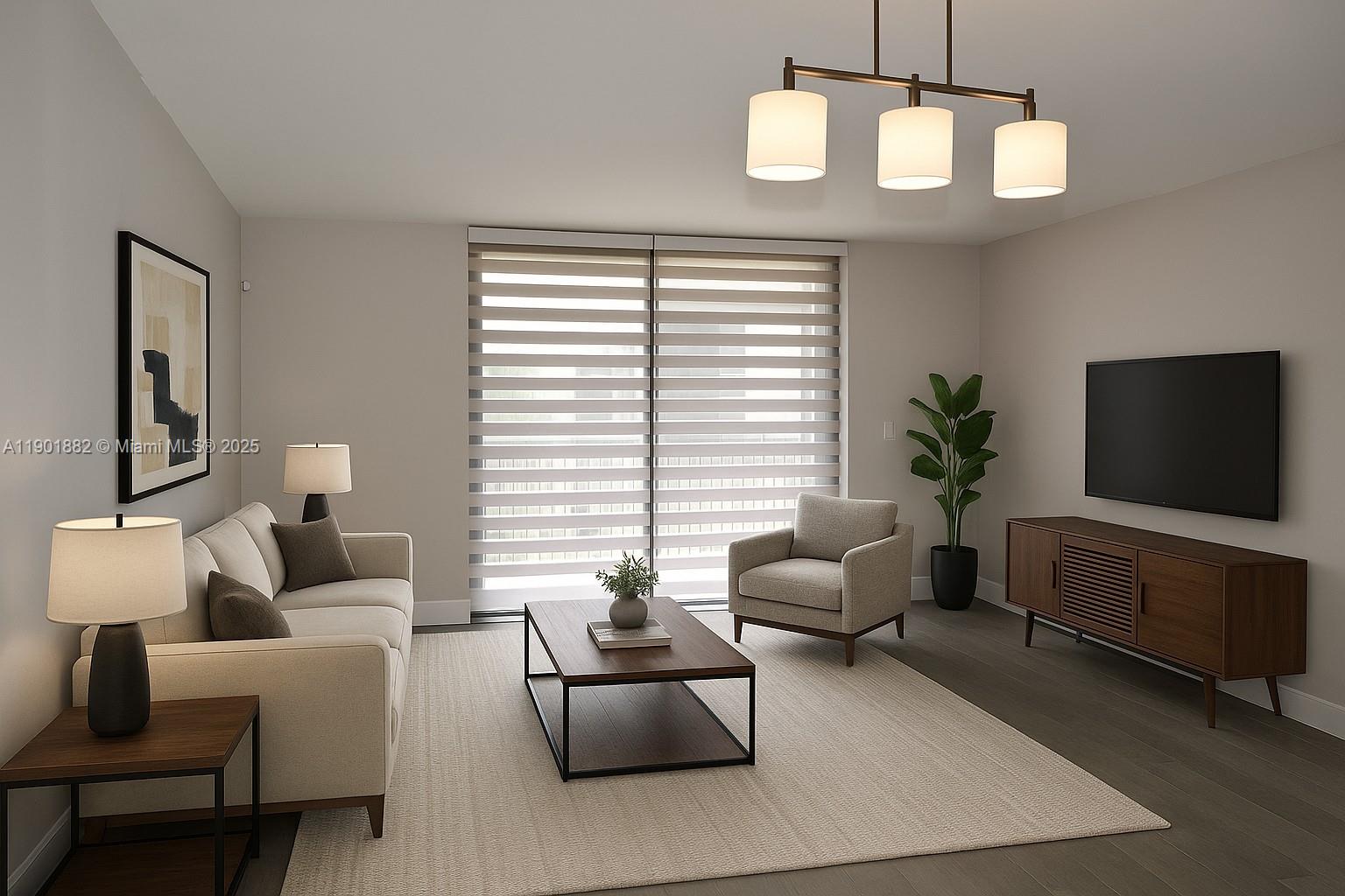 8045 Southwest 107th Avenue, Unit 303 Miami, FL 33173 - Photo 5 of 26 a living room with furniture chandelier and a flat screen tv