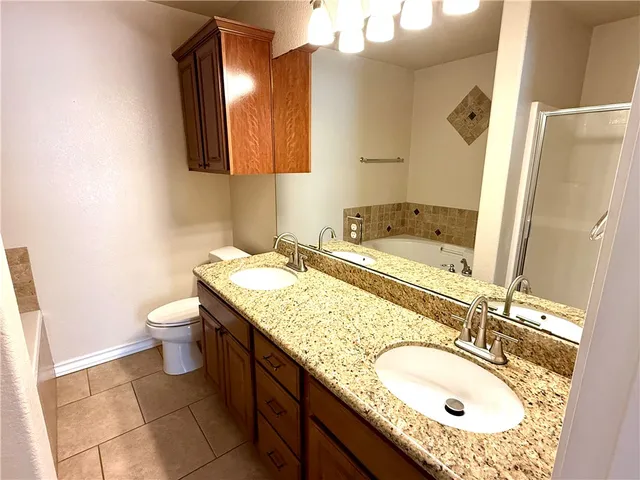 a bathroom with a granite countertop double vanity sink and a mirror