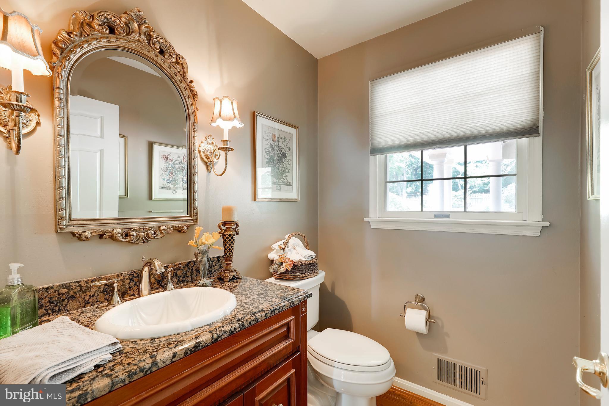 13402 Cambria Farms Road Phoenix, MD 21131 - Photo 19 of 28 a bathroom with a granite countertop toilet a mirror and a sink