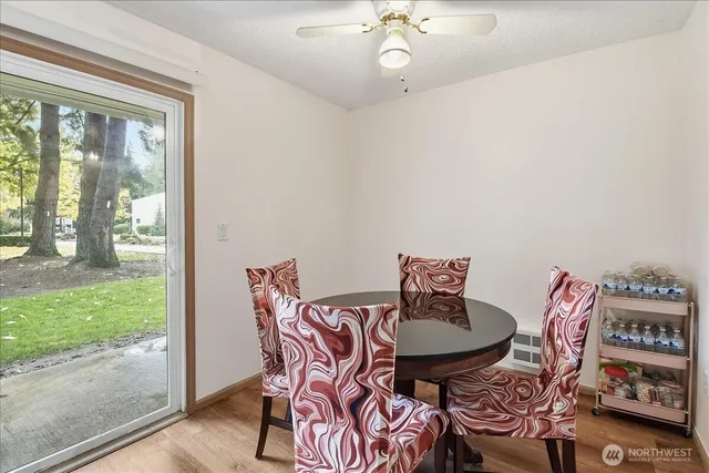 a view of a dining room with furniture