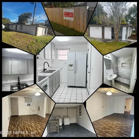 a backyard of a house with dishwasher and white cabinets