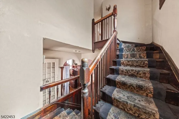 a view of staircase with lots of frames on wall and a potted plant