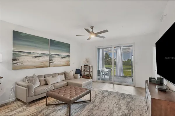 a living room with furniture and a large window