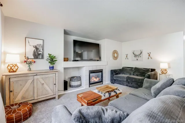 a living room with furniture and a fireplace