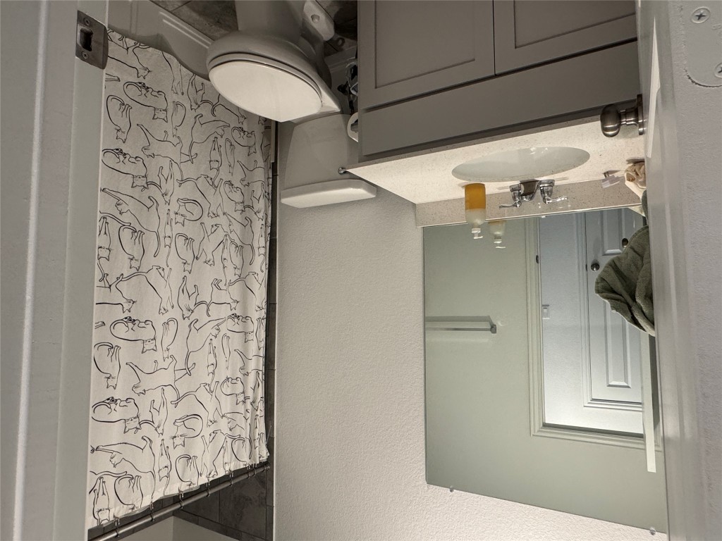 2005 Long Shadow Lane Georgetown, TX 78628 - Photo 14 of 21 Bathroom with a textured wall, vanity, and shower / bathtub combination with curtain