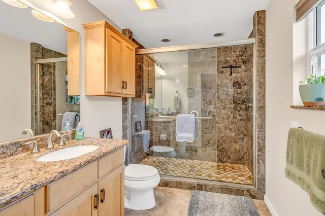 a bathroom with a granite countertop sink toilet and shower