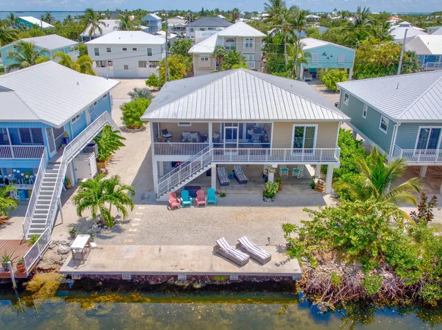 an aerial view of a house with swimming pool garden and patio