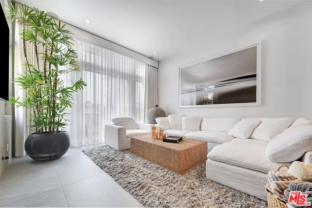 a living room with furniture and a potted plant