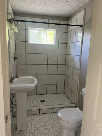 a bathroom with a sink toilet and shower