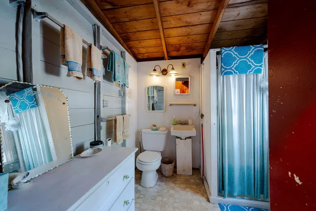 a bathroom with a sink a toilet and shower curtain