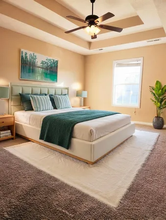 a bedroom with a large bed and a chandelier
