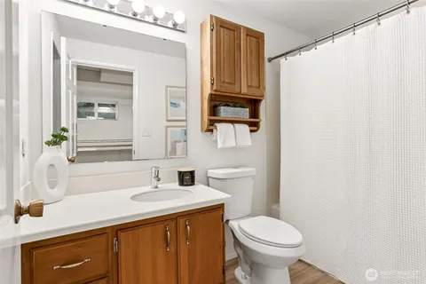 a bathroom with a sink a toilet and shower