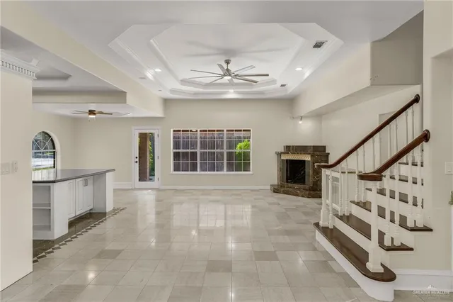 a view of an entryway with a kitchen
