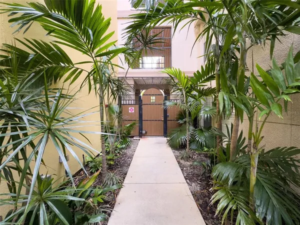 a entryway to the palm trees
