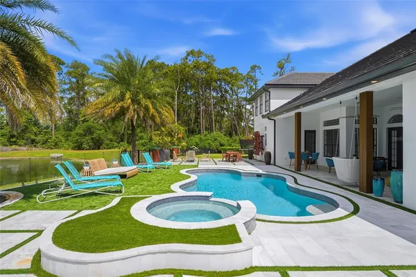 a view of a house with swimming pool and yard