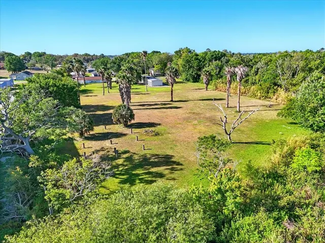 an aerial view of residential houses with outdoor space and trees