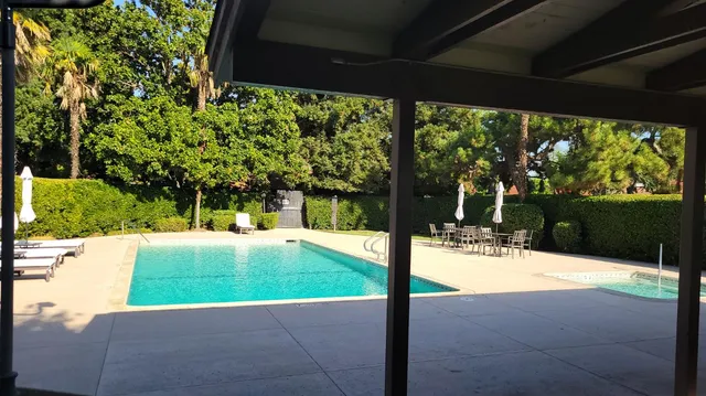a view of a swimming pool with a yard