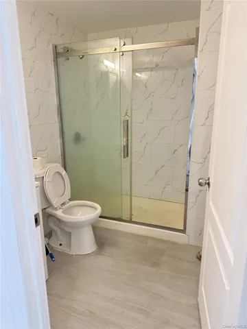 a bathroom with a toilet and a shower