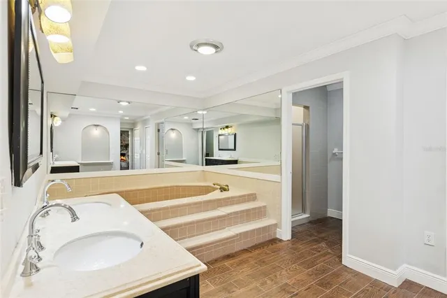 a bathroom with a tub sink and mirror