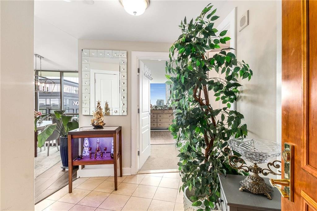 an entryway with flower pot and wooden floor