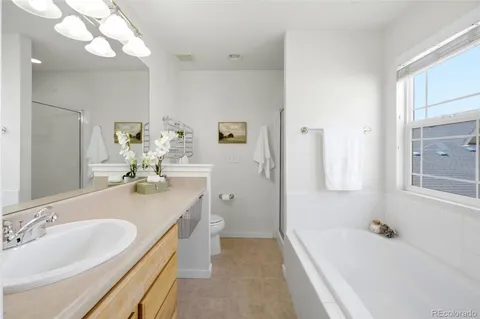 a bathroom with a tub sink and mirror