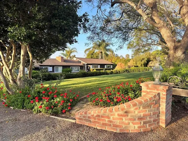 a view of a garden with flowers and trees