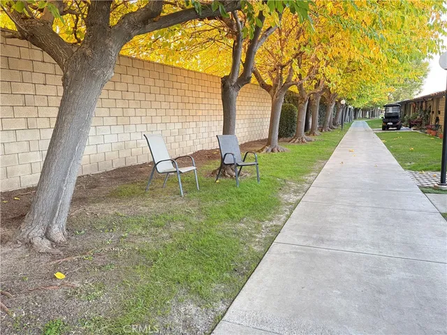 a view of backyard with table and chairs and plants