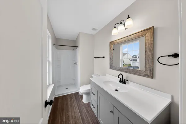 a bathroom with a double vanity sink mirror and toilet