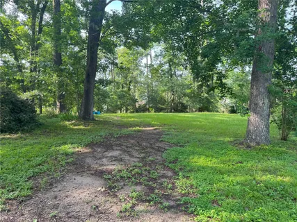 a view of a grassy field with trees in the background