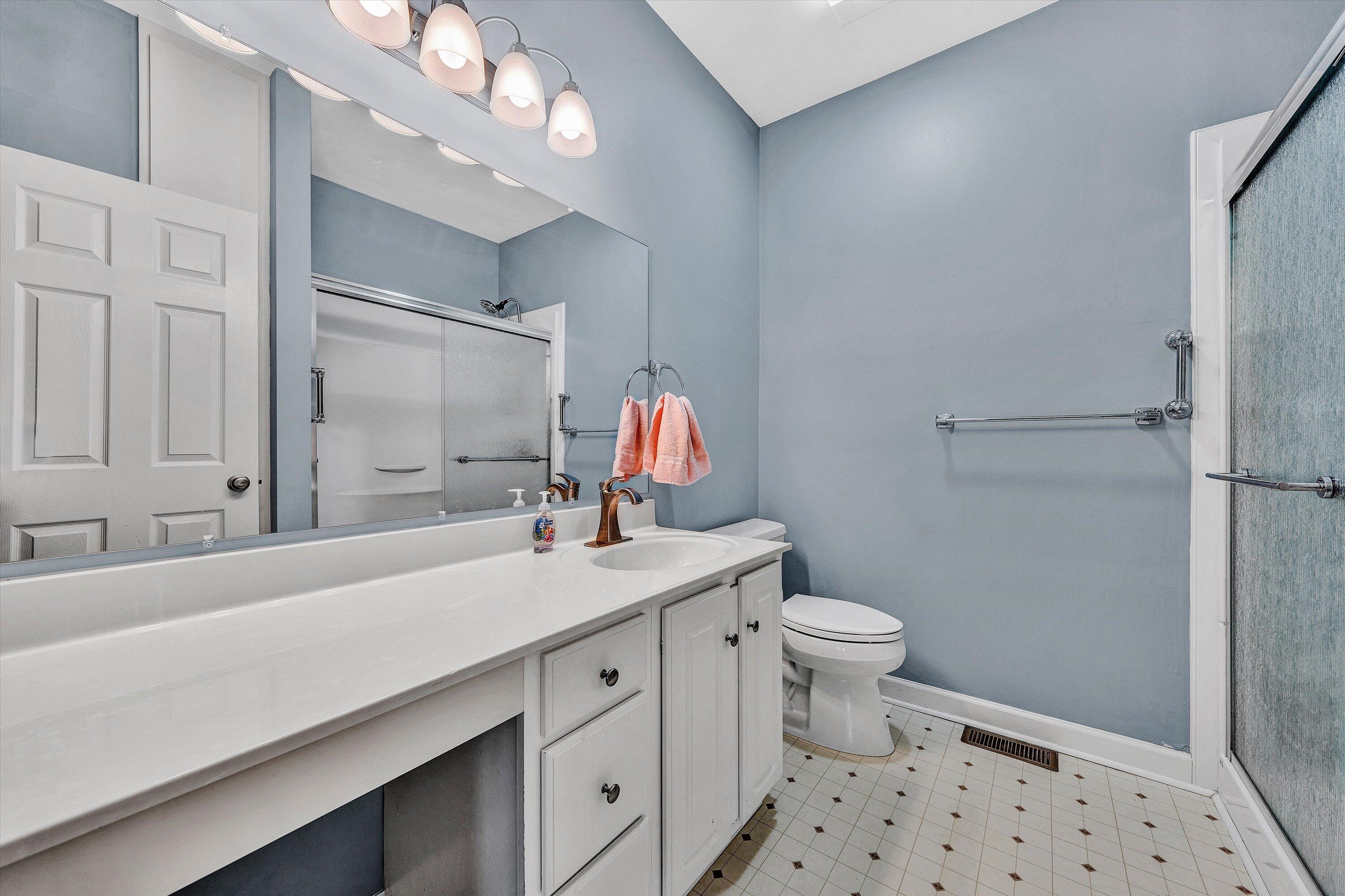 2326 Lake Retreat Road Huddleston, VA 24104 - Photo 28 of 42 a bathroom with a sink a toilet a mirror and shower