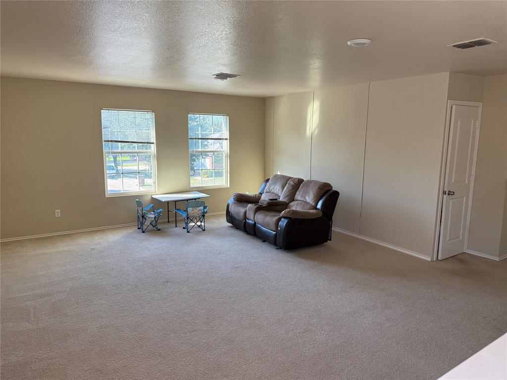 5718 Green Ivy Road Denton, TX 76210 - Photo 14 of 23 Living area with carpet floors and a textured ceiling
