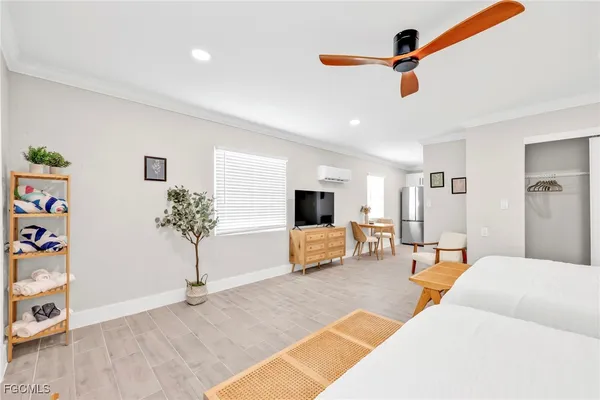 a living room with furniture and a table