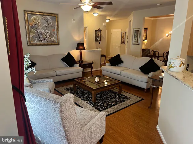 a living room with furniture and a rug
