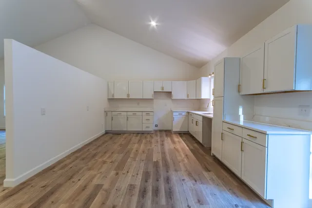 a kitchen with cabinets wooden floor and stainless steel appliances