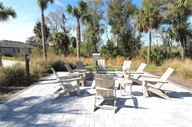 a view of a backyard with a large tree and couches