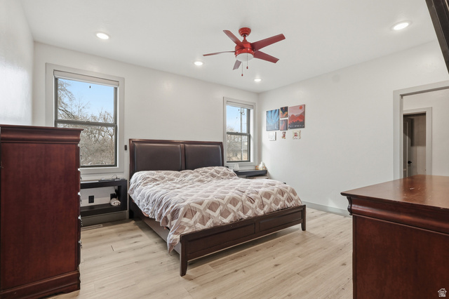 175 North 100 West Providence, UT 84332 - Photo 13 of 45 Master Bedroom with light wood-type flooring, ceiling fan, and recessed lighting
