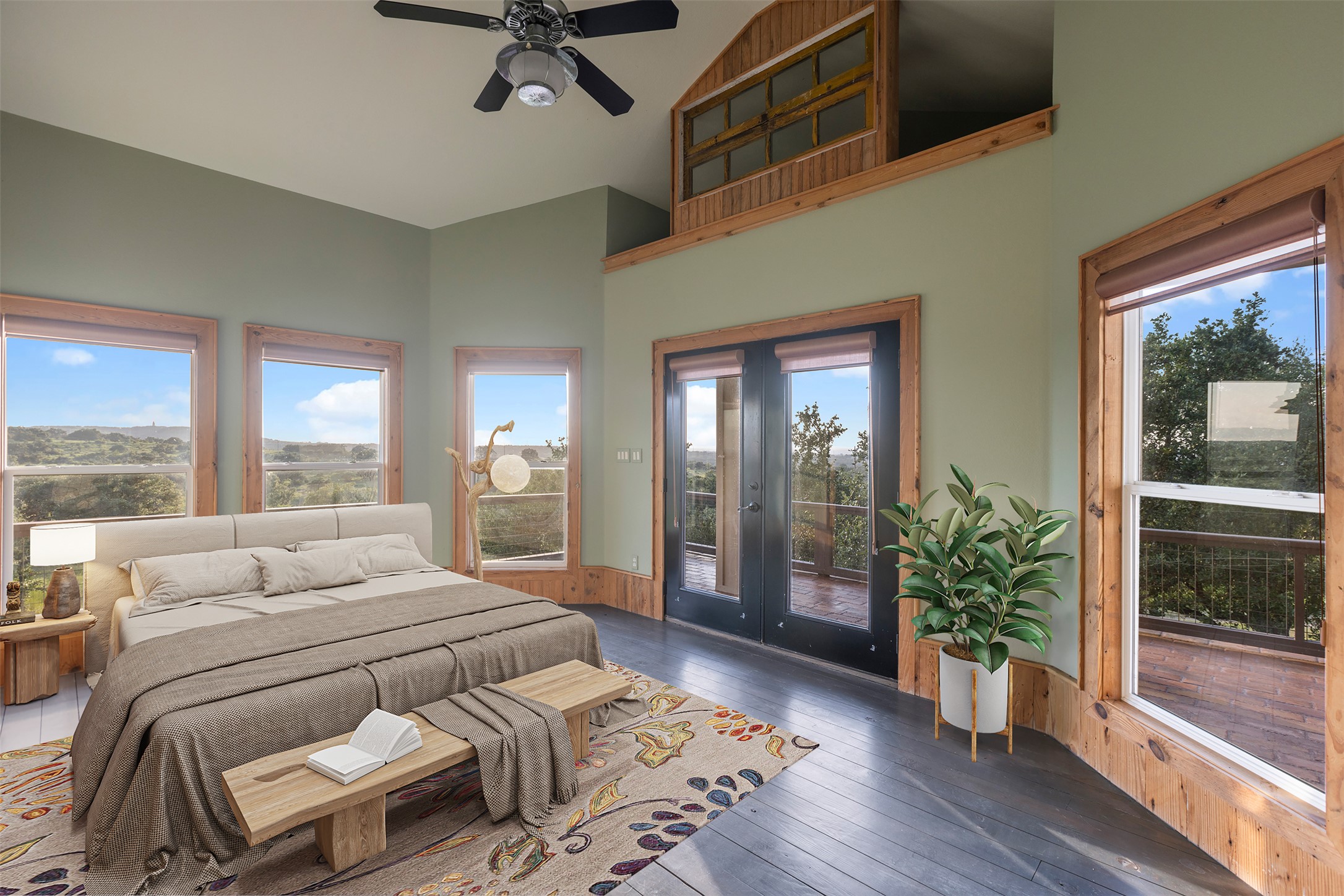 3149 Byrd Ranch Road Johnson City, TX 78636 - Photo 6 of 39 Bedroom with multiple windows, ceiling fan, access to exterior, french doors, and high vaulted ceiling