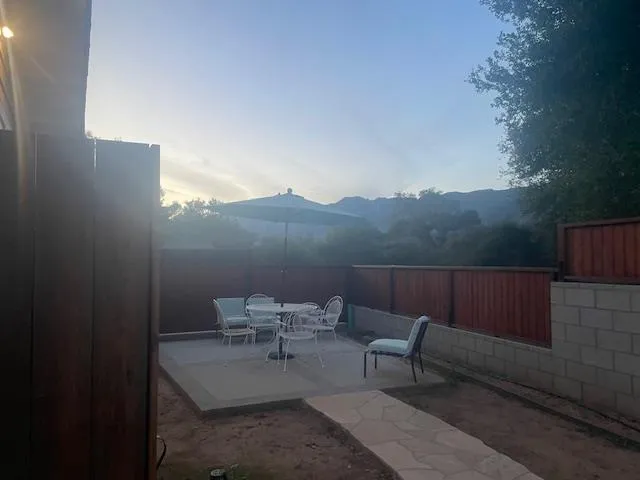 a view of a terrace with couches and a potted plant on a table