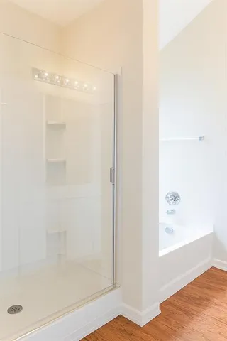 a bathroom with a bathtub and shower