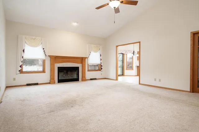 a living room with a fireplace