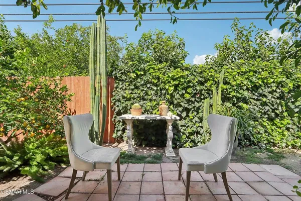 a view of a patio with couple of chairs and a potted plant