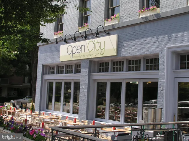 a view of a building with a large window