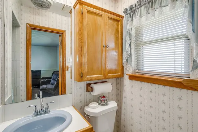 a bathroom with a sink a toilet and a mirror