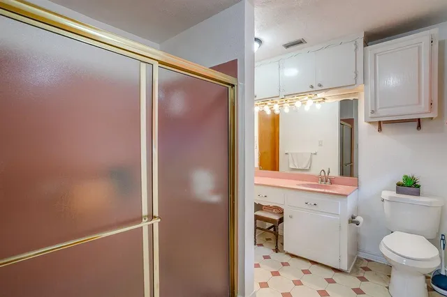 a bathroom with a sink a toilet a shower and a mirror