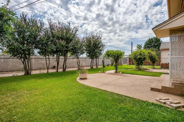 a view of a park with large trees