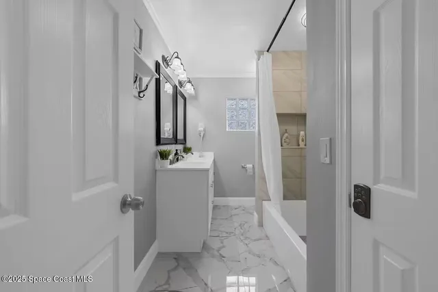 a bathroom with a sink vanity and a mirror