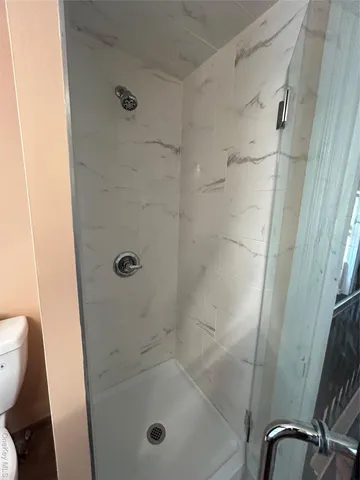 a bathroom with a shower and toilet