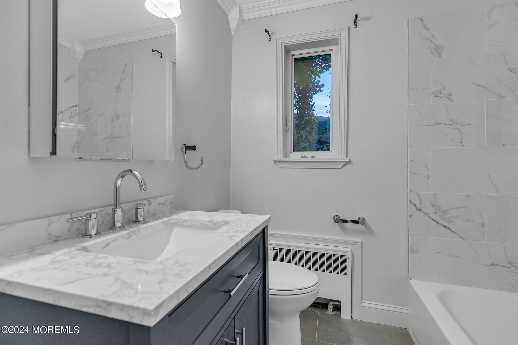 283 Spring Street, Unit 7A Red Bank, NJ 07701 - Photo 8 of 29 a bathroom with a granite countertop sink toilet and shower